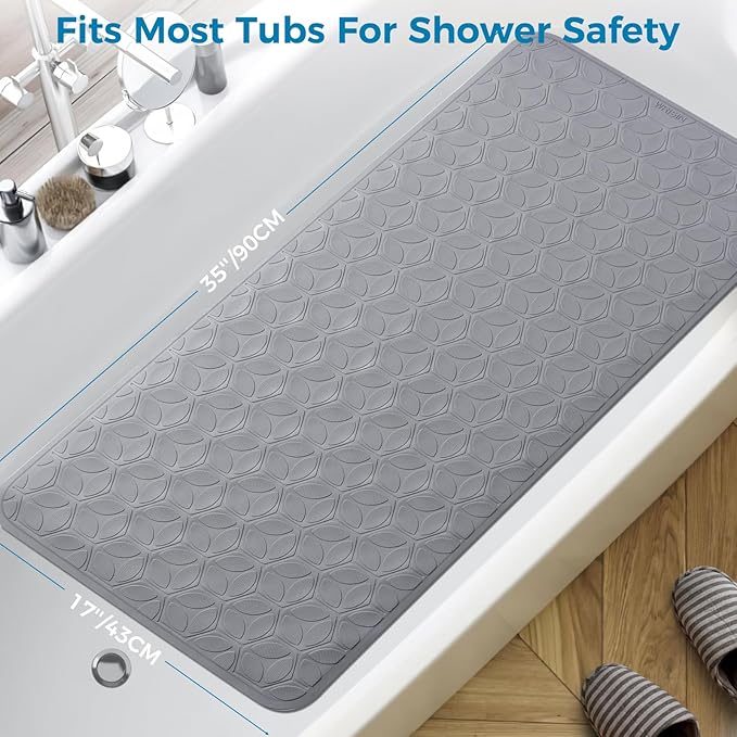 WRISIN Bathtub Mat Non Slip with Suction Cups - 100% Rubber Bathroom Mat Textured for Bath Tub Shower Safety - Soft on Touch - BPA/PVC Free - Pet Dog Bath Mat - Machine Washable - 17 × 35 Inch（Gray）