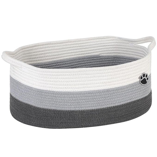 Dog Toy Basket, Toy Box and Bin for Dog Cat Storage, 19.7" X 11" X 7.9" (30L) Large Woven Basket for Blanket Storage, Rope Baskets for Living Room, Bedroom, White & Grey
