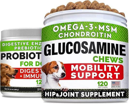 Glucosamine Treats for Dogs + Dog Probiotics Treats for Picky Eaters Bundle - Joint Supplement w/Omega-3 Fish Oil, Chondroitin, MSM and Digestive Support, Allergy, Gas and Constipation Relief