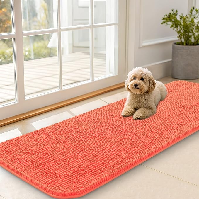 OLANLY Dog Door Mat for Muddy Paws 59x20, Absorbs Moisture and Dirt, Absorbent Non-Slip Washable Doormat, Quick Dry Chenille Mud Mat for Dogs, Entry Indoor Entryway Carpet for Inside Floor, Coral