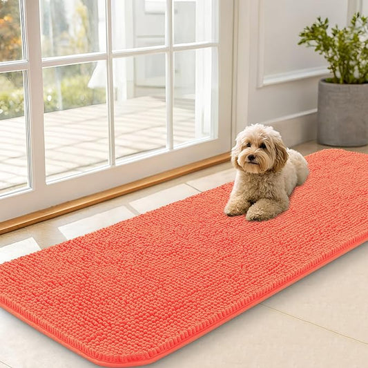 OLANLY Dog Door Mat for Muddy Paws 59x20, Absorbs Moisture and Dirt, Absorbent Non-Slip Washable Doormat, Quick Dry Chenille Mud Mat for Dogs, Entry Indoor Entryway Carpet for Inside Floor, Coral