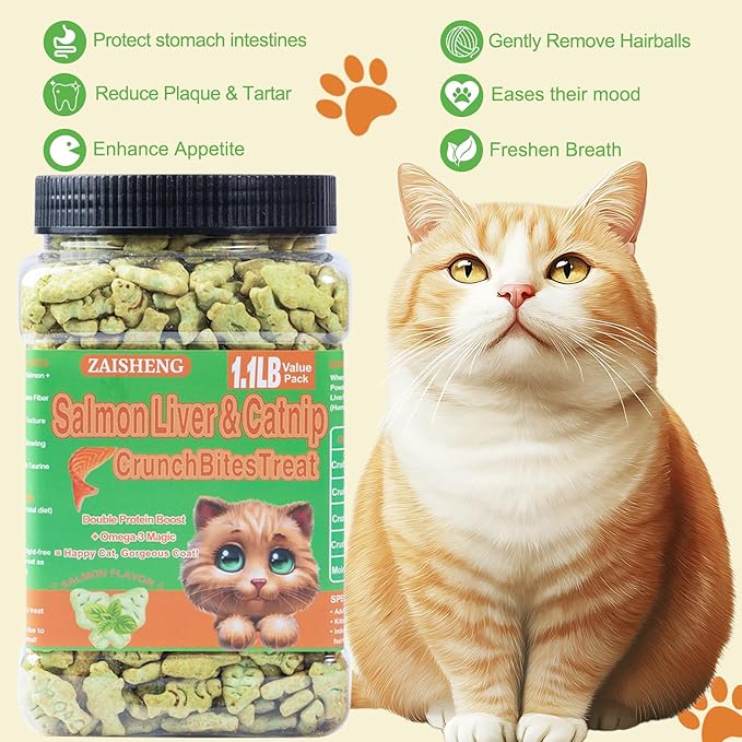 17.6 oz Cat Grass Treats for Indoor Cats - Hairball Control Natural Salmon & Catnip Flavor Healthy Kitten Snacks Crunchy Training Biscuits for Dental Cleaning