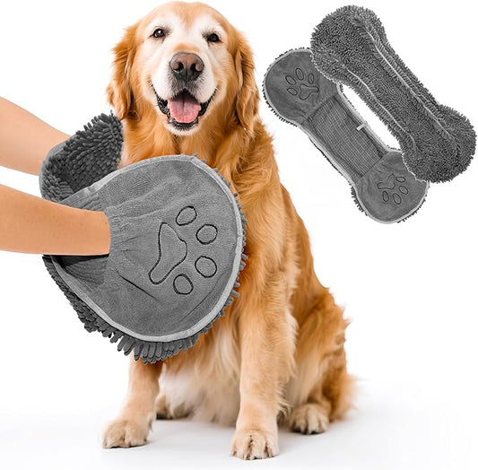Super Absorbent Dog Towel with Hand Pockets - Fast Drying Microfiber Pet Towel for Bath, Beach & Rain, Machine Washable, 32x14 Inches, Grey