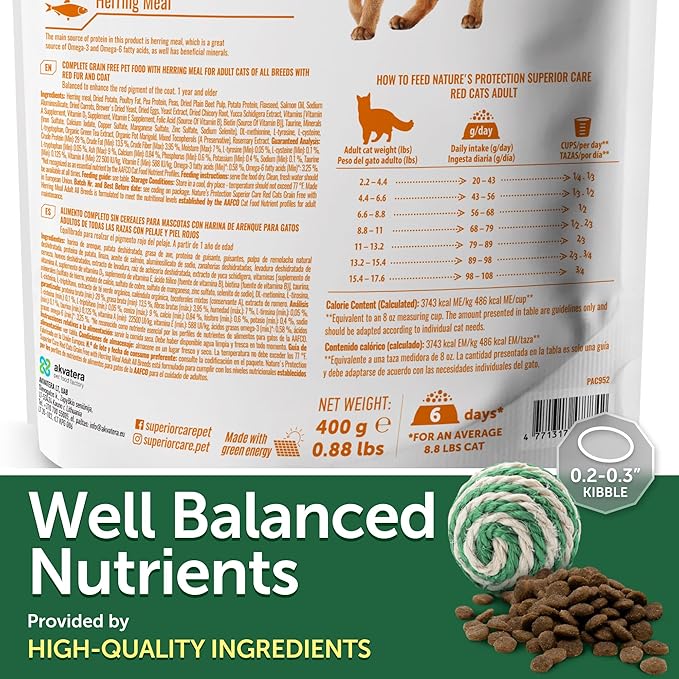 Nature's Protection Dry Cat Food - Grain Free, High Protein Cat Food Dry Kibble for Indoor Adult Cats with Red Fur - Sensitive Stomach, No Tear Stains & Hairball (Superior Care - Herring, 14.11 oz)