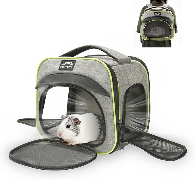 Guinea Pig Cage, Breathable and Collapsible, Small Pet Bag with Safety Leash - for Puppy, Kitten, Bunnies Weighing up to 8 Pounds Designed for Travel, Hiking, Walking and Outdoor Use, Gray Green