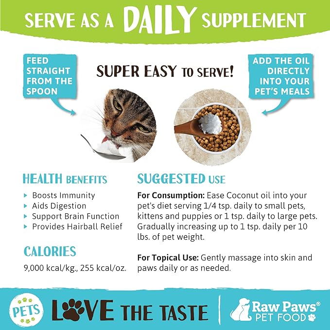 Raw Paws Organic Virgin Coconut Oil for Dogs & Cats, 8-oz - Supports Immune System, Digestion, Oral Health, Thyroid - All Natural Allergy Relief for Dogs - Hairball Relief