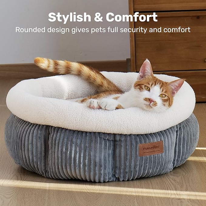 FUKUMARU Cat Bed, Corduroy Round Cat Beds for Indoor Cats, Washable Fluffy Pet Bed for Cats and Puppy, Soft Cute Small Dog Beds, Grey