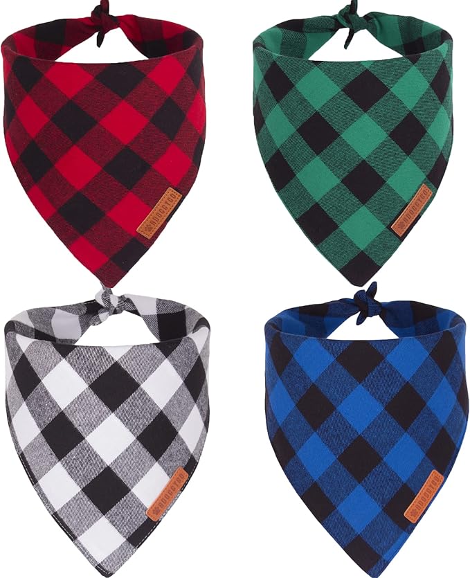 ADOGGYGO 4 Pack Dog Bandana Christmas Classic Plaid Bandana Scarf, Multiple Sizes Offered, Blue White Green Red Plaid Bandana for Small Dogs (Small)