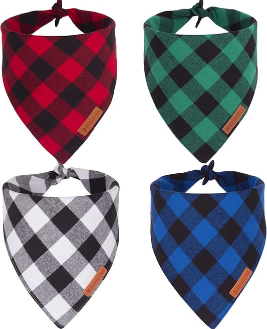 ADOGGYGO 4 Pack Dog Bandana Christmas Classic Plaid Bandana Scarf, Multiple Sizes Offered, Blue White Green Red Plaid Bandana for Small Dogs (Small)