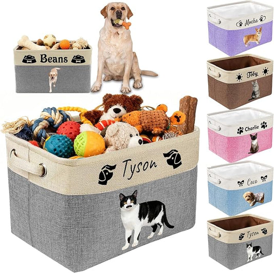 Custom Dog Toy Basket with Name Photo, Personalized Toys Clothing Storage Bins for Dogs Cats Pet,Collapsible Doggy Box Customized for Toy Food Gray