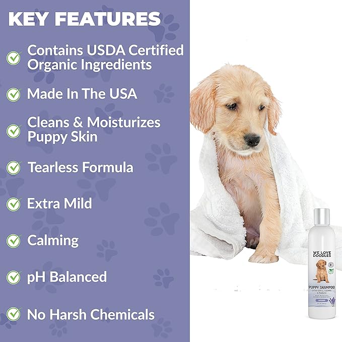 We Love Doodles Lavender Puppy Shampoo & Dog Detangler Spray - Organic Ingredients, Tear Free Shampoo for Puppies, Sensitive & Itchy Skin Wash, Dematting Spray for Dogs, Tangle Remover