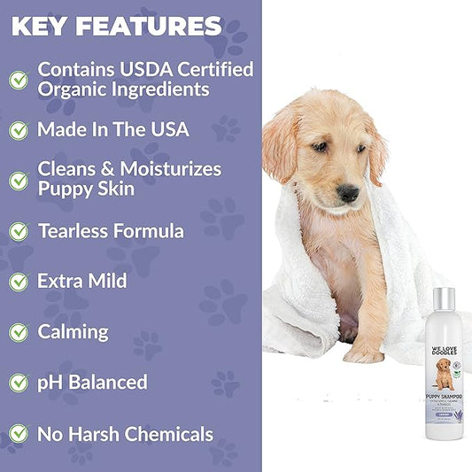 We Love Doodles Lavender Puppy Shampoo & Dog Detangler Spray - Organic Ingredients, Tear Free Shampoo for Puppies, Sensitive & Itchy Skin Wash, Dematting Spray for Dogs, Tangle Remover