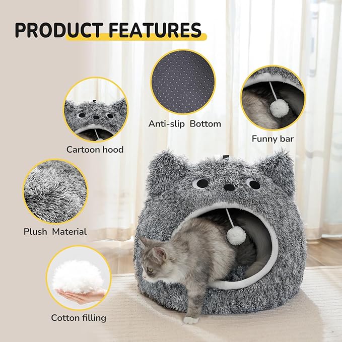 CATISM Cat Bed, Cat Beds for Indoor Cats - Kitten Bed Cave Washable, Soft Plush Hooded, Removable Pillow, Non-Slip Base, Large Cave for Kitty