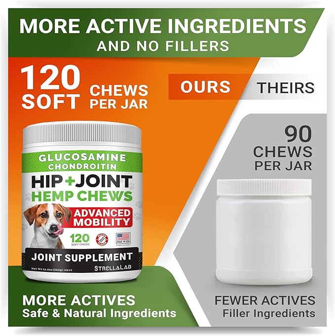 Large Breed Hemp + Glucosamine Dog Joint Supplement - Hemp Chews for Dogs Hip Joint Pain Relief - Omega 3, Chondroitin, MSM - Advanced Mobility Hemp Oil Treats for Large Dogs - Made in USA - 240 Ct