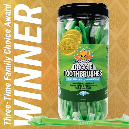 Bodhi Dog Dual-Headed Toothbrush for Dogs & Cats - Soft Bristles for Gentle Pet Dental Care - Puppy & Adult Teeth Cleaning - Easy-to-Use Design for Healthy Gums & Fresh Breath (50 Count)