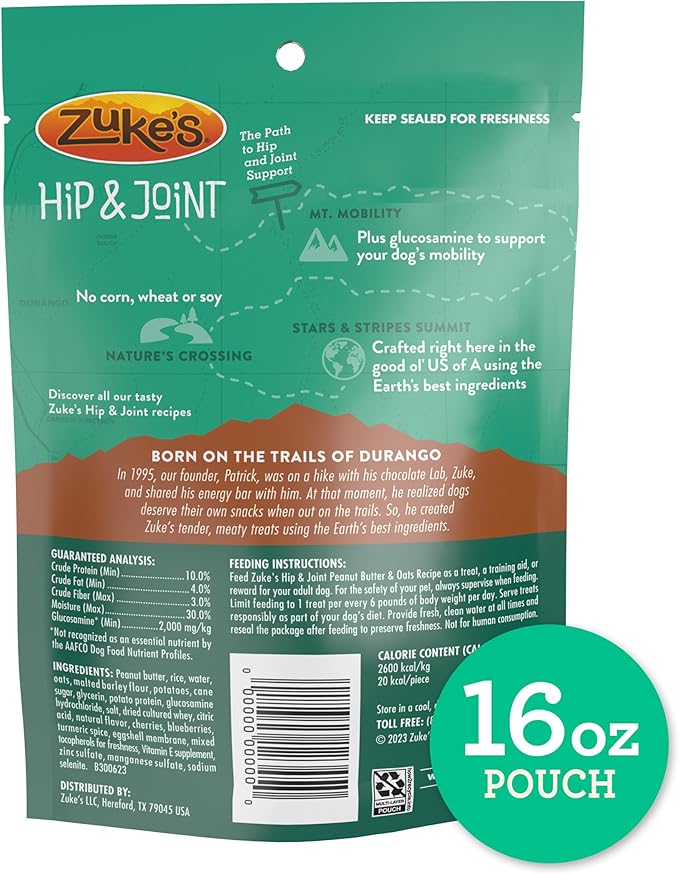 Zuke's Hip and Joint Support Dog Treats for Adult Dogs, Senior Dog Treats Made with Real Peanut Butter and Oats, 16 oz. Resealable Pouch - 16 oz. Bag