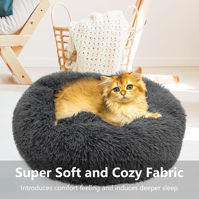 Dog & Cat Beds for Indoor pet, 27.5 inches Cat Bed Machine Washable,Plush Round Cat Bed, Soft Shag Fur, Dark Gray, Large