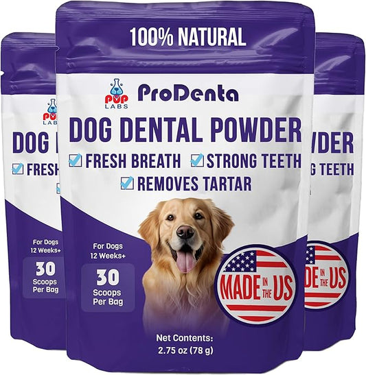ProDenta, Dog Teeth Cleaning and Dog Breath Freshener, Natural Powder for Plaque, Tartar, and Gum Support Made in USA, 3-Pack (90 Scoops)