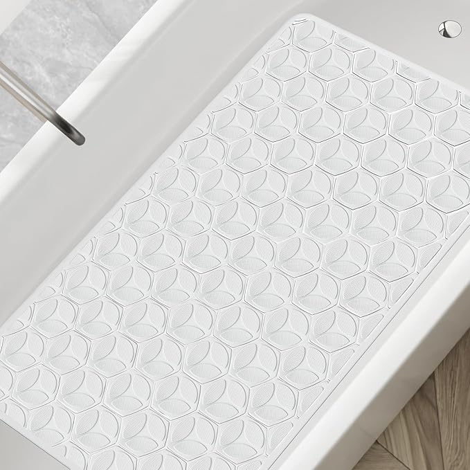 WRISIN Bathtub Mat Non Slip with Suction Cups - 100% Rubber Bathroom Mat Textured for Bath Tub Shower Safety - Soft on Touch - BPA/PVC Free - Pet Dog Bath Mat - Machine Washable - 17 × 35 Inch（White）