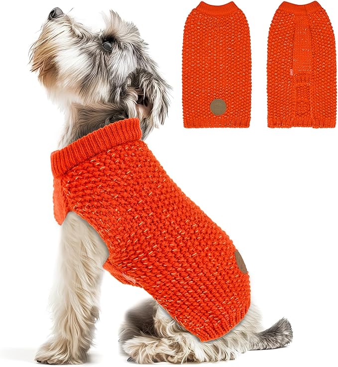 KYEESE Dog Sweater with Leash Hole for Small Dogs Male Warm Pullover with Reflective Thread Soft Knitwear Boy Dog Clothes Cozy Lightweight Thick Sweater Pet Indoor Outdoor Wear,Orange,X-Small