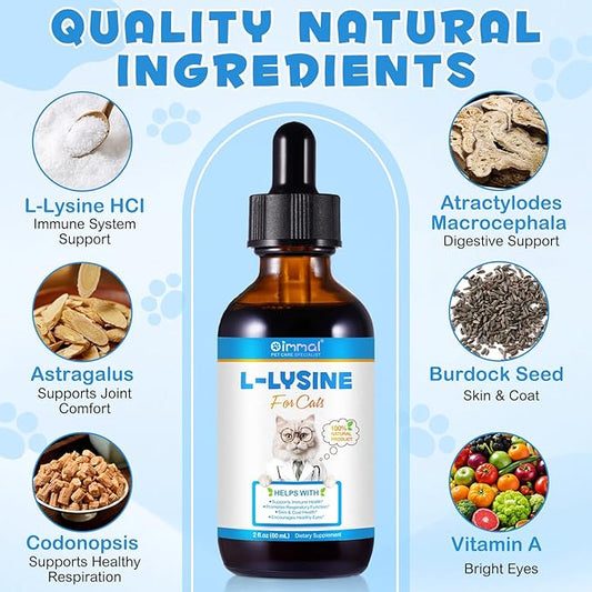 Specifically Formulated L-Lysine for Cats & Kittens, Immune, Respiratory & Sneezing, Runny Nose, Eye Function, Liquid Cat Supplement with Astragalus, Atractylodes, Dangshen & Vitamins A, B1, B2, B6