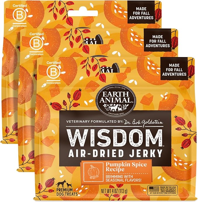 Earth Animal Wisdom Air Dried Jerky - Seasonal Pumpkin Spice Premium Natural Jerky Strips Dog Treats - 3 Pack 4 oz Bag