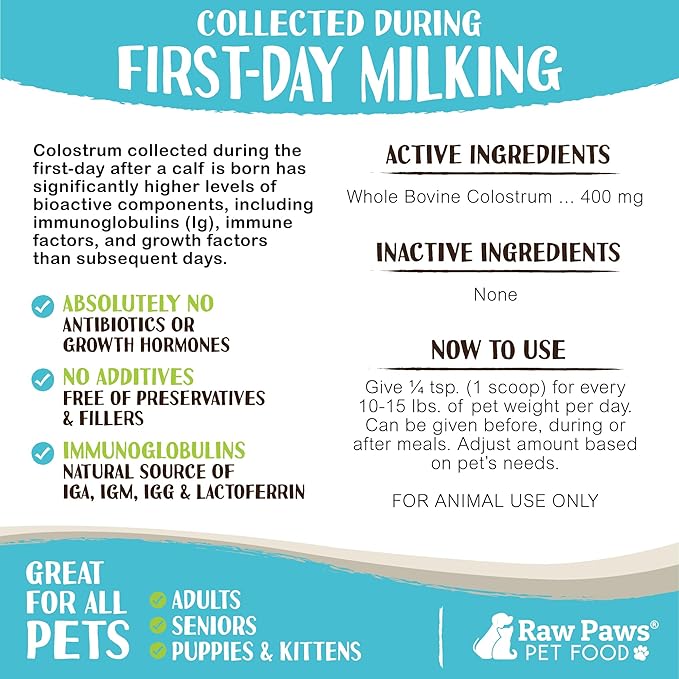 Raw Paws Pet Bovine Colostrum for Dogs Allergies & Immune Support (5-Ounce) - Made in USA - Colostrum for Cats - Senior Dog Supplements - Itchy Skin Treatment - All Ages, Sizes & Breeds