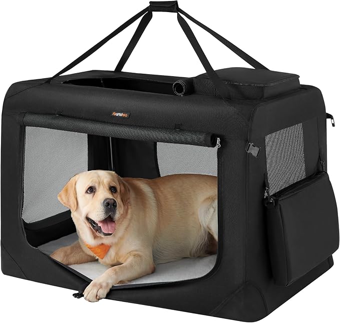 Feandrea 40 Inches Collapsible Soft Dog Crate, Portable Travel Dog Crate for Indoor and Outdoor Use, Dog Carrier Kennel with Safety Zippers, for Living Room, Car, Travelling, Camping, Black UPDC10H