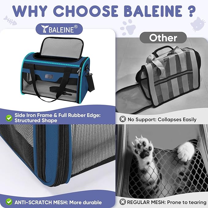 BALEINE Cat Carrier, Puppy Dog Carrier for Small Medium Pets Up to 15 Lbs, Soft-Sided Dog Travel Bag with Safety Zippers, Collapsible Pet Carrying Case (Blue, L, 17"x11"x11")
