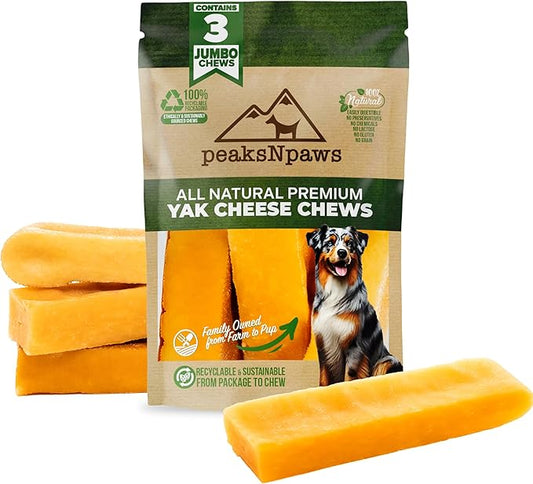 peaksNpaws Himalayan Dog Chews, High Protein Yak Cheese, Lactose Free, Natural Dog Treat, Long Lasting Chew Stick for Aggressive Chewers Over 80 lbs, 3 Jumbo Sticks, 100% Eco-Friendly Packaging