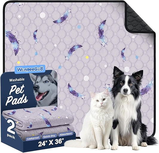 Washable Pee Pads for Dogs, 2Pack Reusable Puppy Pads, Super Absorbent & Leakproof Dog Pads, Anti-Slip Dog Pee Pads for Puppy Training & Incontinence, Feather Pattern 24"x36"