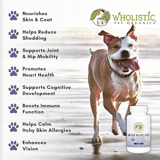 Wholistic Pet Organics - Krill Oil Soft Gel Capsules for Dogs - Supports Dog Joint Health, Shiny Coat & Heart Wellness - Omega-3 & Astaxanthin Supplement - 200 Count