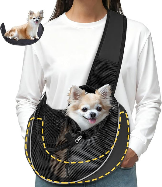 Dog Sling for Small Dogs & Cats Up to 10 lbs with Detachable Hard Bottom Breathable Mesh, Adjustable Strap & Large Pocket - Hands-Free Pet Carrier for Travel Walking Hiking (Black Size M)