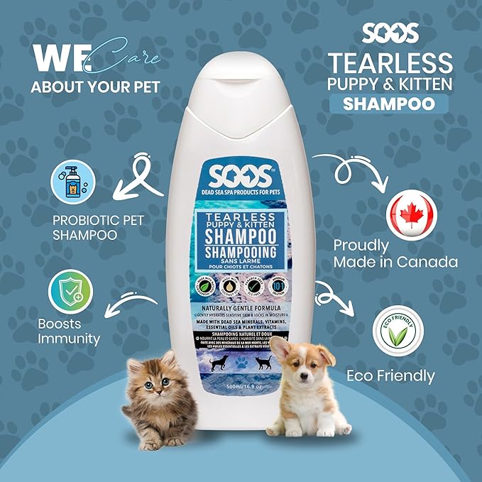 Soos Pet Tear-Less Shampoo for Puppies and Kittens | Natural Dead Sea Minerals | Fast Absorbing, Moisturizing, Gentle Skin Care | Vitamins & Essential Oils for Sensitive Skin - 500ml