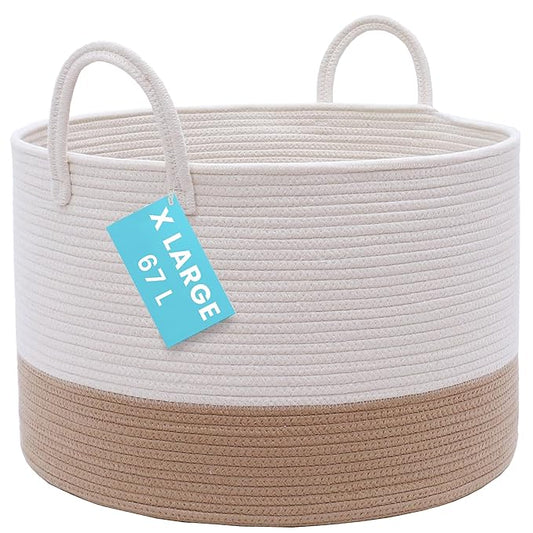 OrganiHaus Large Woven Storage Basket for Blankets and Toys 20" x 13" Inch, Rope Laundry Basket with Handles, Cushions & Pillows Storage Bin, Nursery Hamper, Soft Round Dog Toy Bin - Honey/Off-White