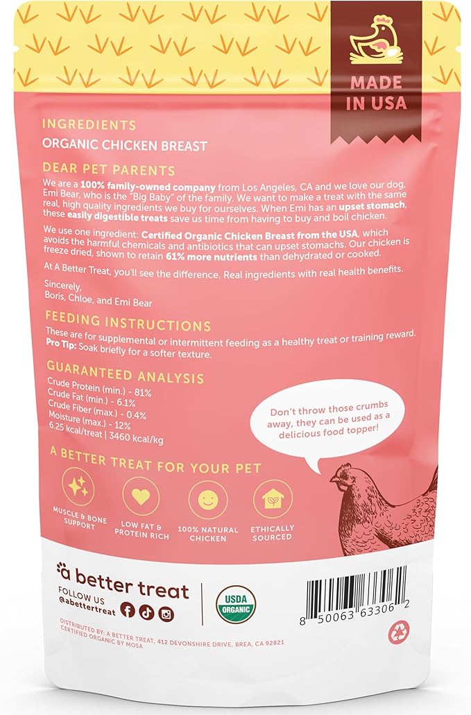 A Better Treat – Organic Freeze Dried Chicken Breast Dog Treats, Organic, Single Ingredient | Natural Healthy High Value | Gluten Free, Grain Free, High Protein, Diabetic Friendly | Made in The USA