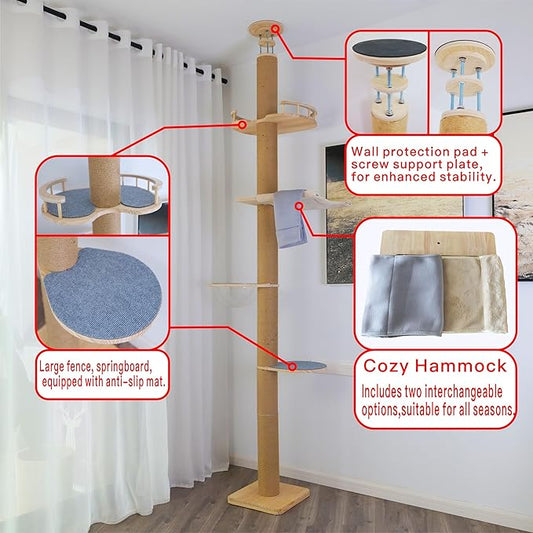 Floor-to-Ceiling Cat Tree with Natural Sisal Rope Scratching Post - Adjustable Height (55-119 Inches) - Modern Cat Activity Tree, Cat Scratcher Post