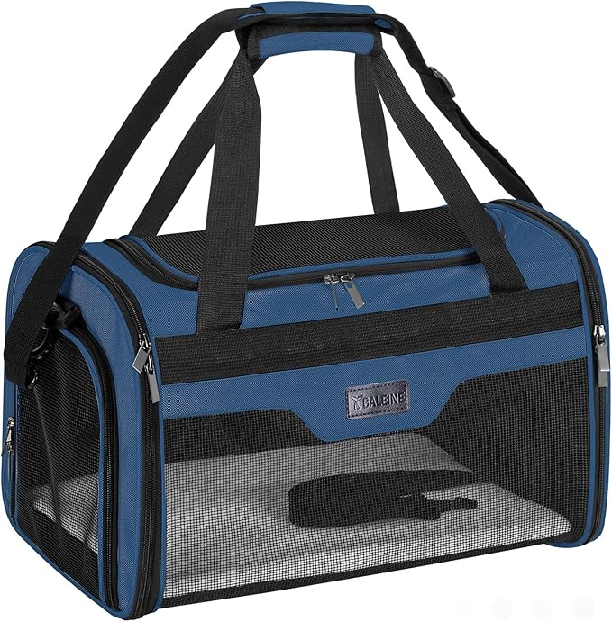 BALEINE Cat Carrier, Puppy Dog Carrier for Small Medium Pets Up to 15 Lbs, Soft-Sided Dog Travel Bag with Safety Zippers, Collapsible Pet Carrying Case (Blue, L, 17"x11"x11")
