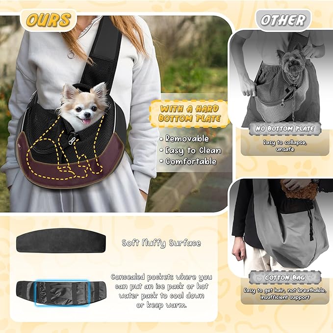 Dog Sling for Small Dogs & Cats Up to 10 lbs with Detachable Hard Bottom Breathable Mesh, Adjustable Strap & Large Pocket - Hands-Free Pet Carrier for Travel Walking Hiking (Black Size S)