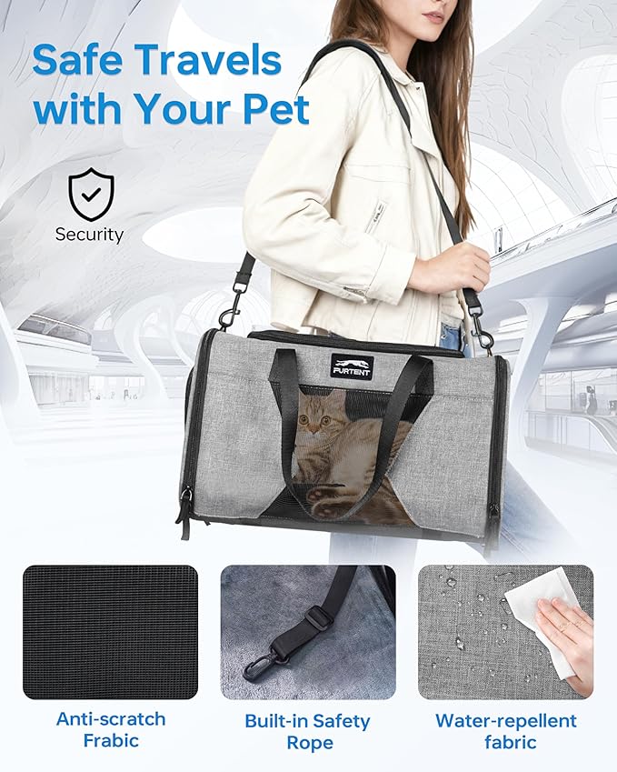Pet Carrier with Removable Wheels American Airline Approved, Rolling Cat Carrier with Telescopic Handle and Shoulder Strap, Breathable Soft-Sided Carrier with Locking Zipper for Small Cats Dogs(Grey)