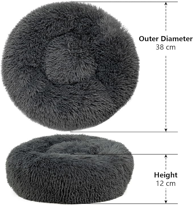 Cat & Dog Beds, Fluffy Round Pet Bed Non-Slip, Calming Soft Plush Donut Cuddler for Indoor Small Dogs Kittens, 15 inches Cat Bed Machine Washable, Dark Gray