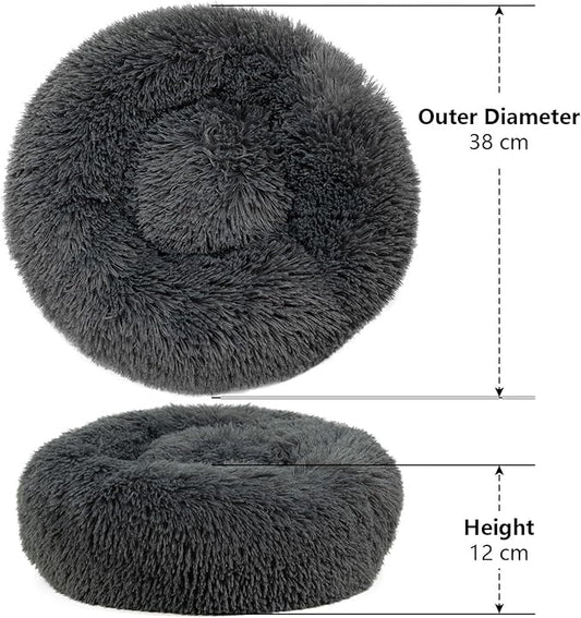 Cat & Dog Beds, Fluffy Round Pet Bed Non-Slip, Calming Soft Plush Donut Cuddler for Indoor Small Dogs Kittens, 15 inches Cat Bed Machine Washable, Dark Gray