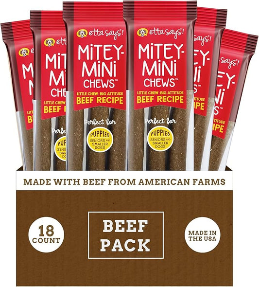 etta says! Mitey Mini Chews Dog Treats - Made in The USA - Grain-Free and Odor-Free - All-Natural Dog Chews - Perfect for Puppies and Senior Dogs - with Omega 3, 6, and 9 - Beef - 18 Pack - 54 Count