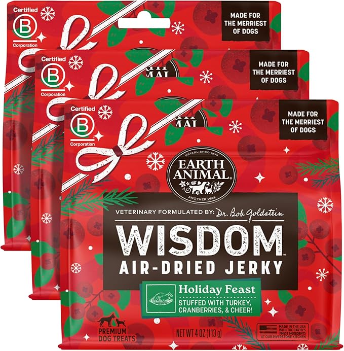 Earth Animal Wisdom Air Dried Jerky - Seasonal Holiday Feast Premium Natural Jerky Strips Dog Treats - 3 Pack 4 oz Bag