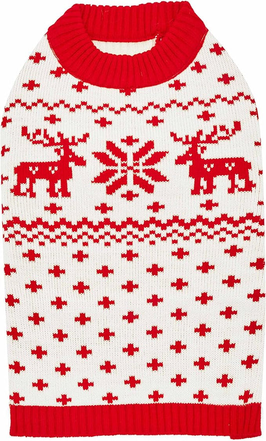Blueberry Pet Dog Ugly Christmas Sweater - Holiday Reindeer & Snowflake Pullover, Festive Red, 10" Back Length, Warm Clothes for Small Dogs