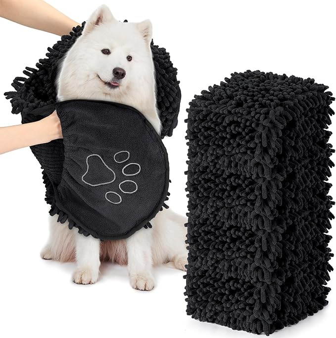 Newwiee 4 Pcs Large Dog Shammy Towel for Drying 32 x 14 in Microfiber Absorbent, Quick Drying Dog Bath Towel with Hand Pocket, Machine Washable for Pet Puppy Cleaning Shower Supplies(Black)
