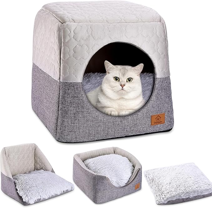 Ownpets Cat Bed for Indoor Cats, 3-in-1 Foldable Cat Cave Bed Cat Houses with Removable Washable Cushion Soft and Self Warming Cat Tent for Small Pets & Small Dogs(Grey)