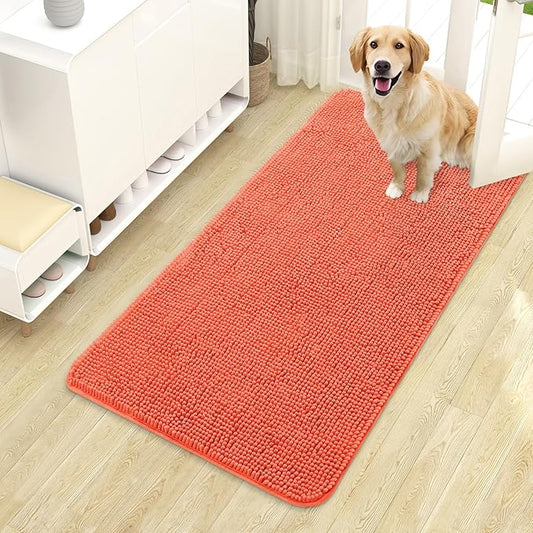 OLANLY Dog Door Mat for Muddy Paws 44x24, Absorbs Moisture and Dirt, Absorbent Non-Slip Washable Doormat, Quick Dry Chenille Mud Mat for Dogs, Entry Indoor Entryway Carpet for Inside Floor, Coral