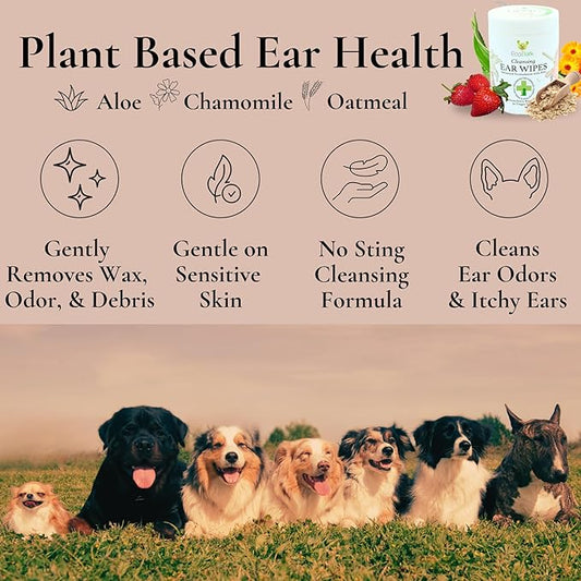 EcoBark Natural Ear Finger Wipes for Dogs - Dog Ear Cleaner Strawberry Scented - Ear Wipes with Finger Pad in Ear Solution - Gentle Otic Grooming Supplies to Soothe Dog Ear Itching - Cleanse Away Dirt