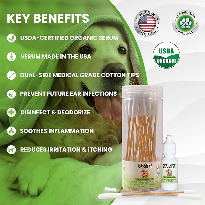 We Love Doodles Dog Gloves Wipes & Dog Ear Cleaning Solution Kit Bundle - Pet Bathing Wipes for Dogs, Paws, Face, Body, Ears, Prevent Infections, Organic, Made in USA, Ear Drops for Dogs